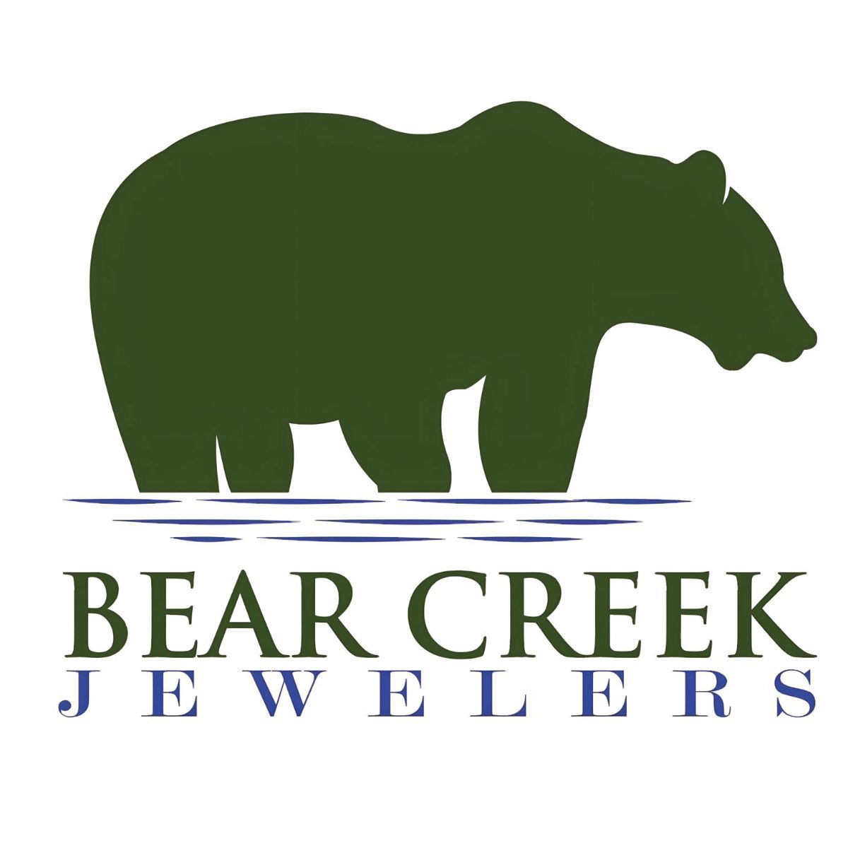 A logo for bear creek jewelers with a bear in the water