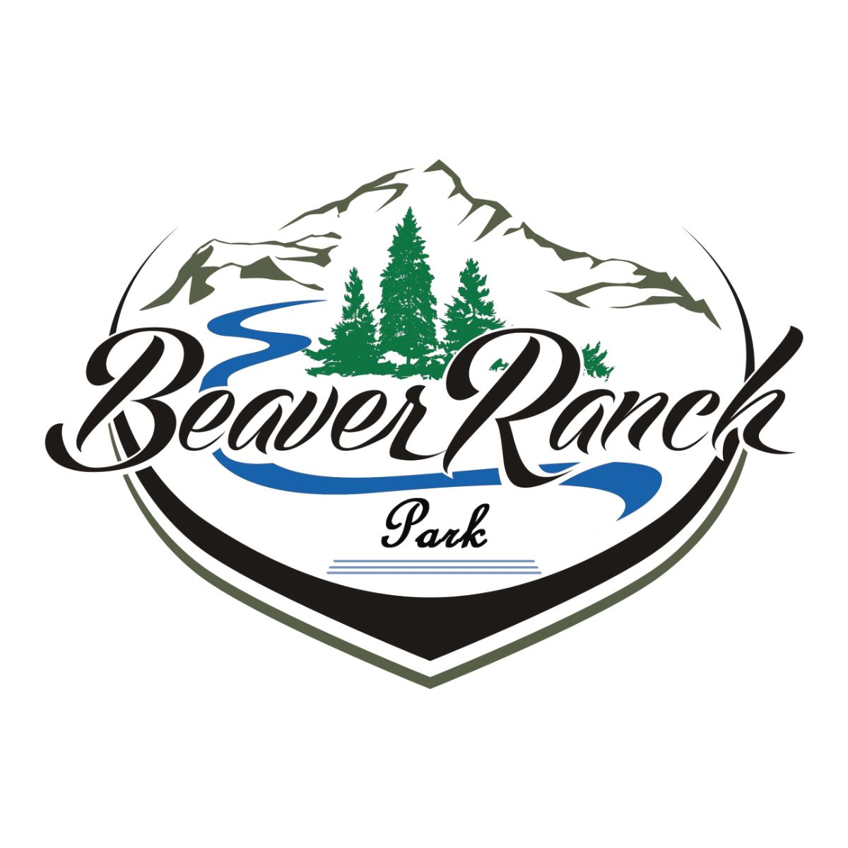A logo for beaver ranch park with mountains and trees