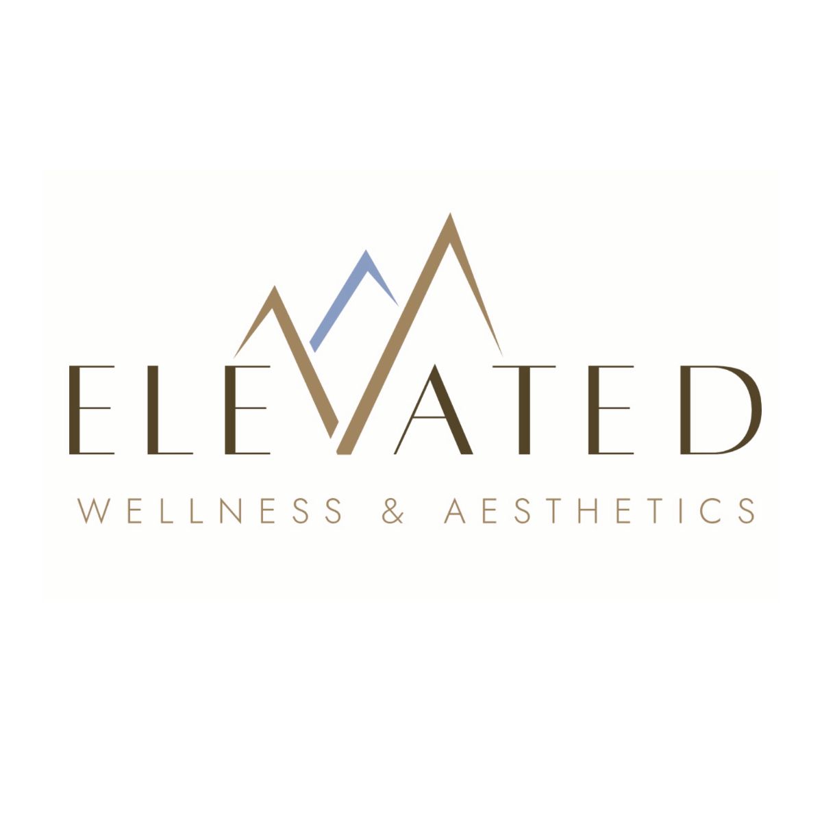 A logo for elevated wellness and aesthetics with a mountain in the background.