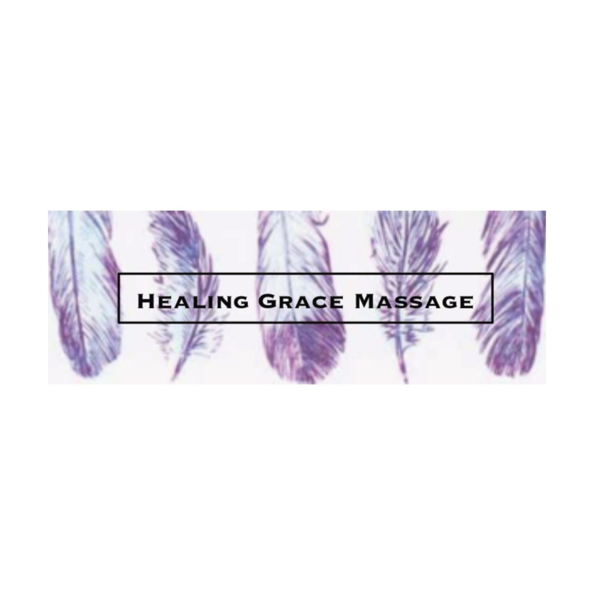 A logo for healing grace massage with purple feathers on a white background