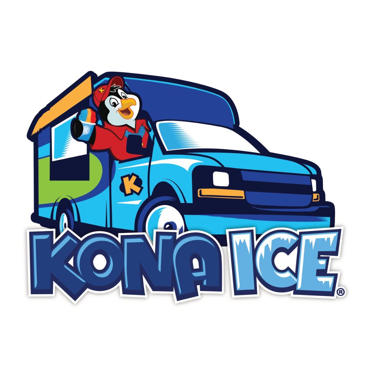 A blue van with a penguin on the back is advertising kona ice