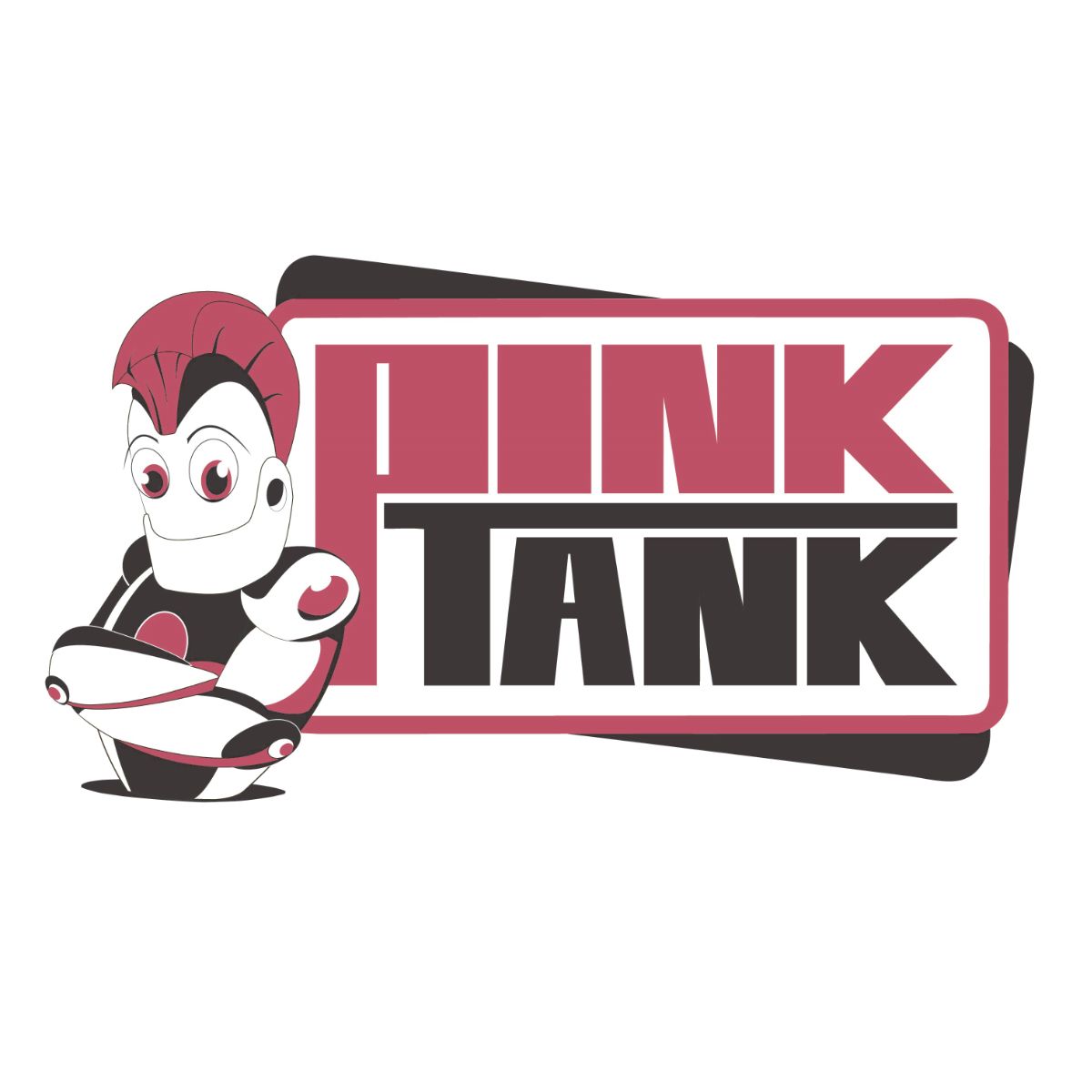 A pink tank logo with a cartoon character on it.