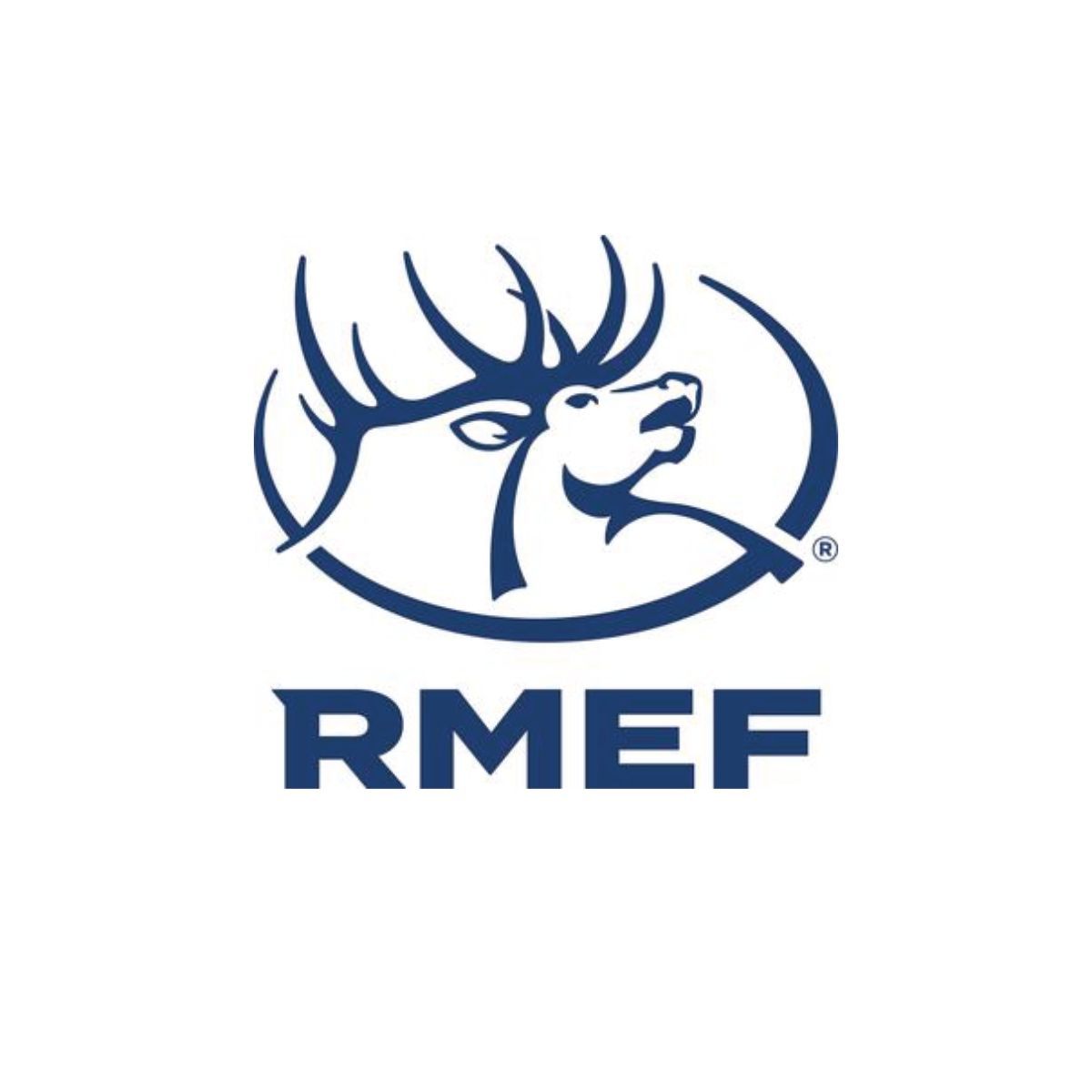 A blue logo with a deer and the word rmef on it.