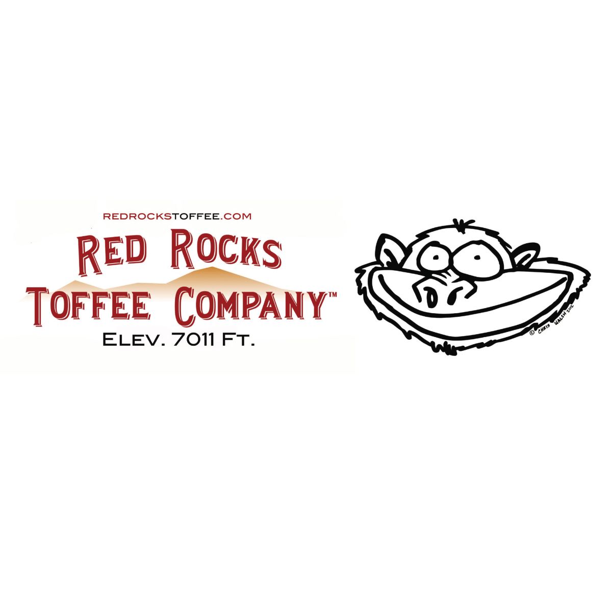 A logo for red rocks toffee company with a monkey on it