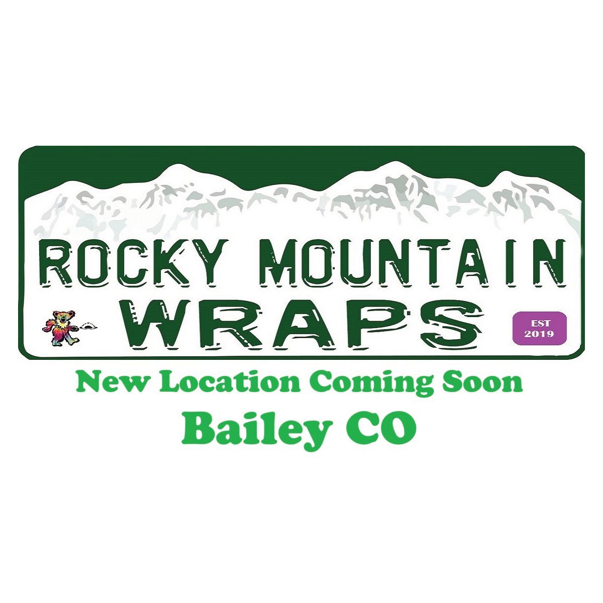 A logo for rocky mountain wraps with a new location coming soon in bailey