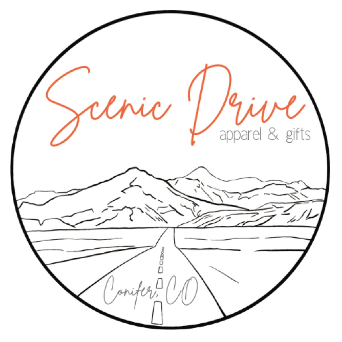 A logo for a company called scenic drive apparel and gifts