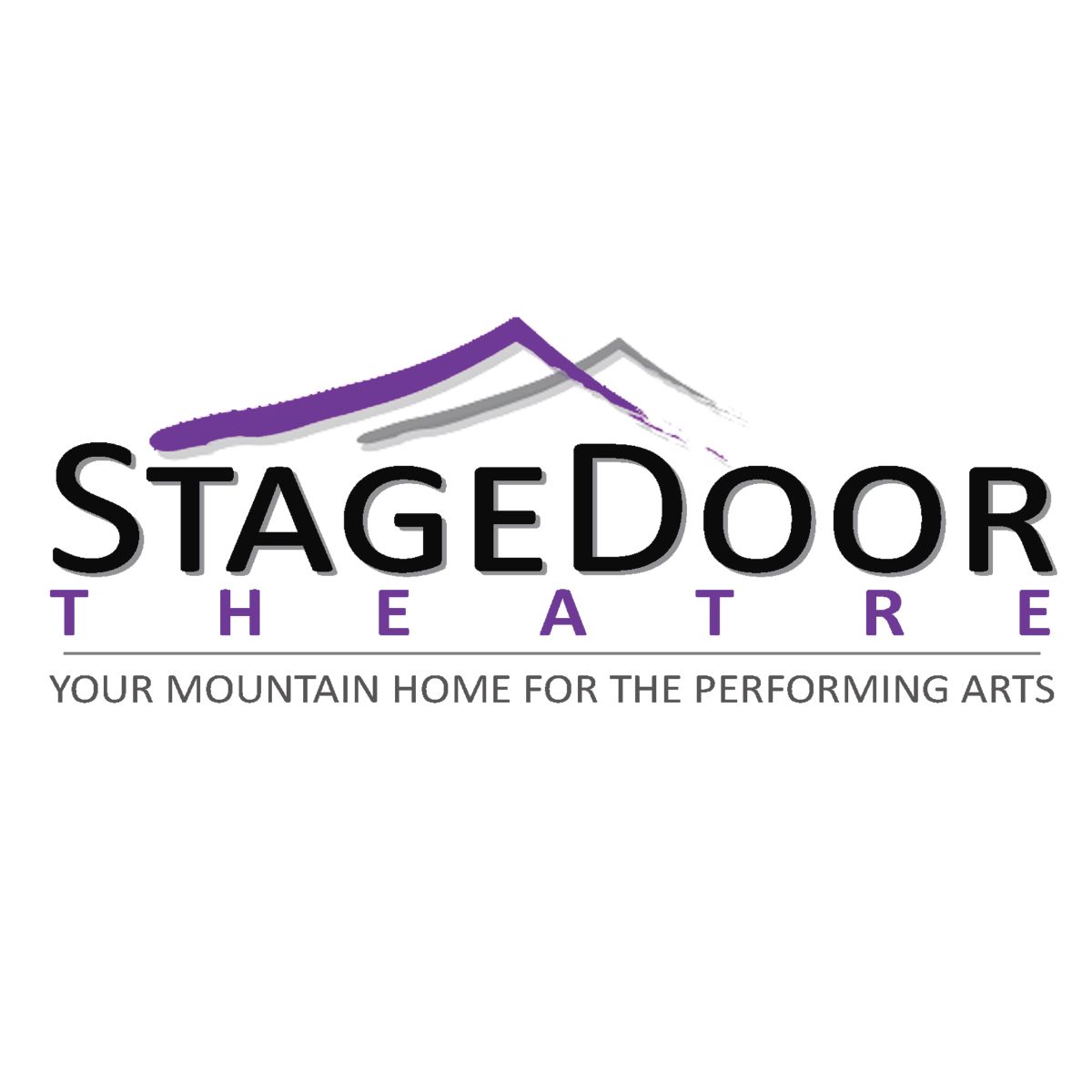 The stagedoor theatre logo is purple and black and says `` your mountain home for the performing arts ''.