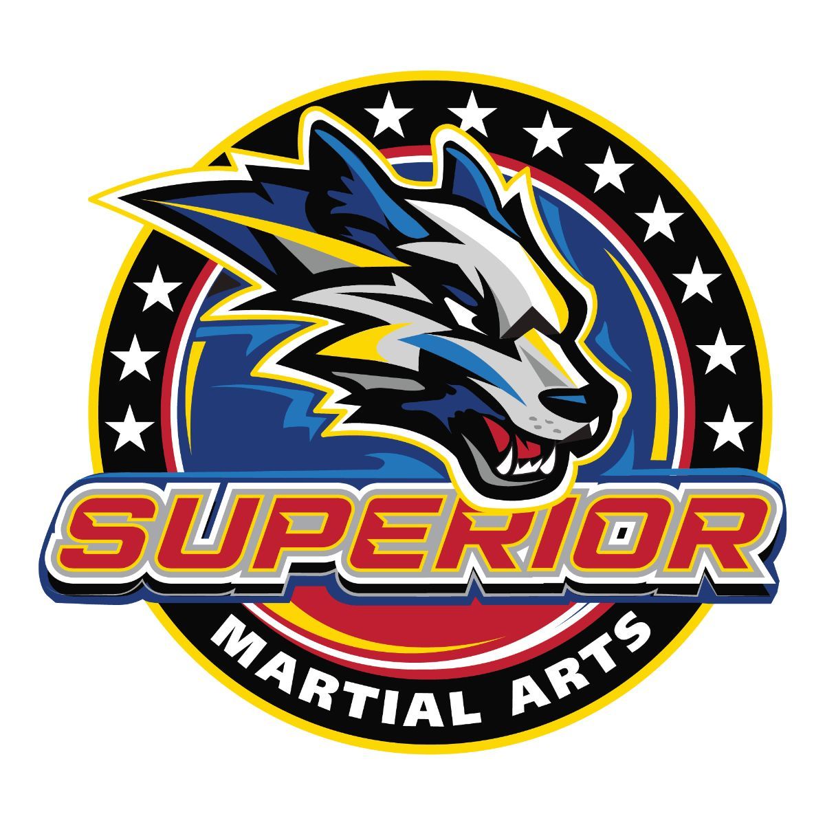 The logo for superior martial arts shows a wolf 's head in a circle.