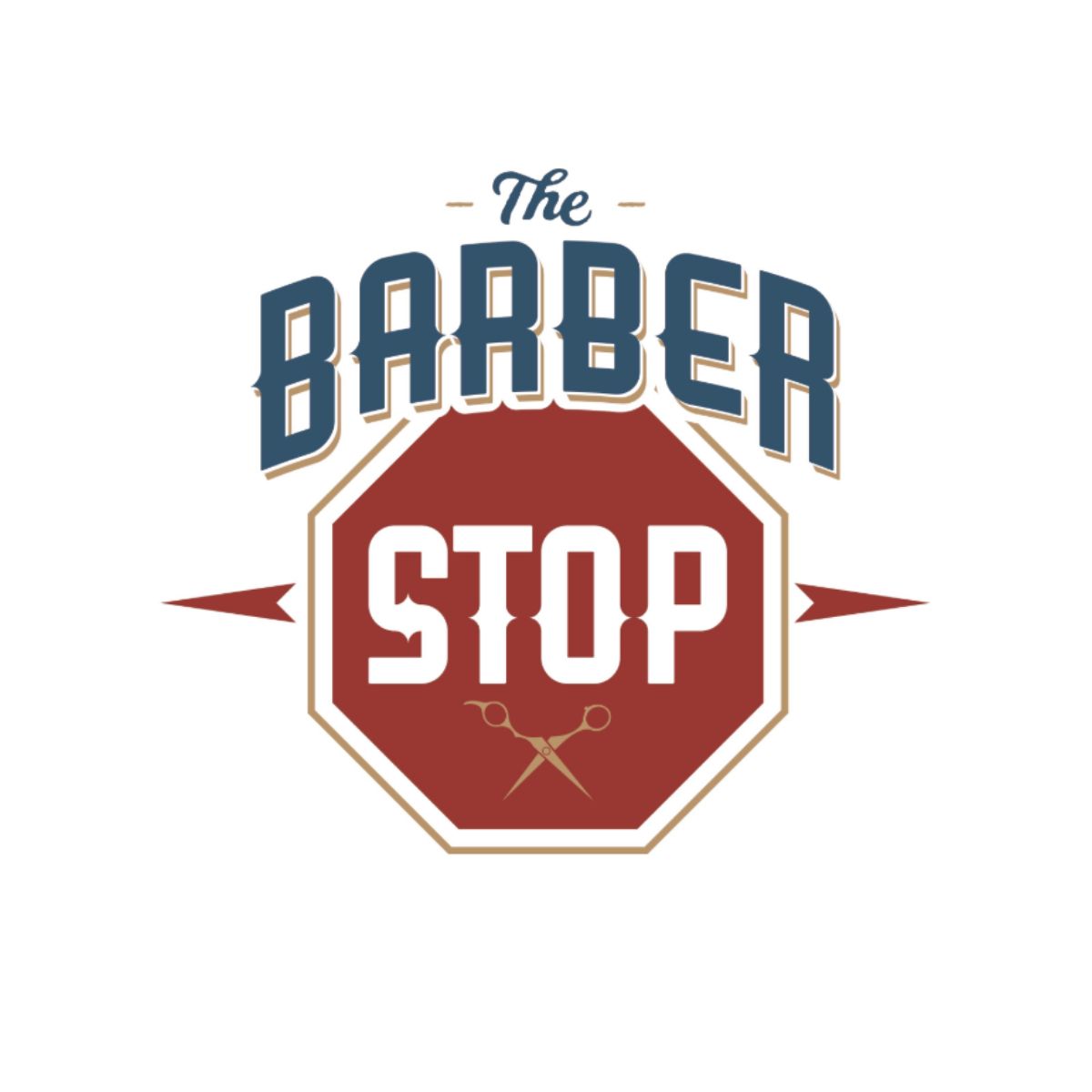 A logo for the barber stop with a stop sign and scissors
