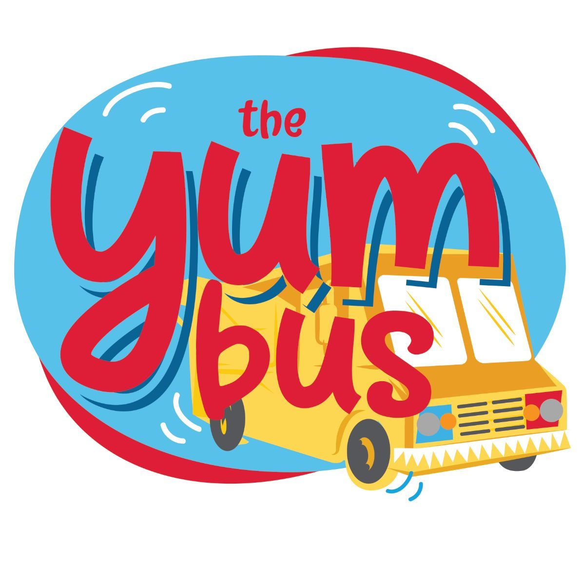 A logo for the yum bus with a yellow school bus