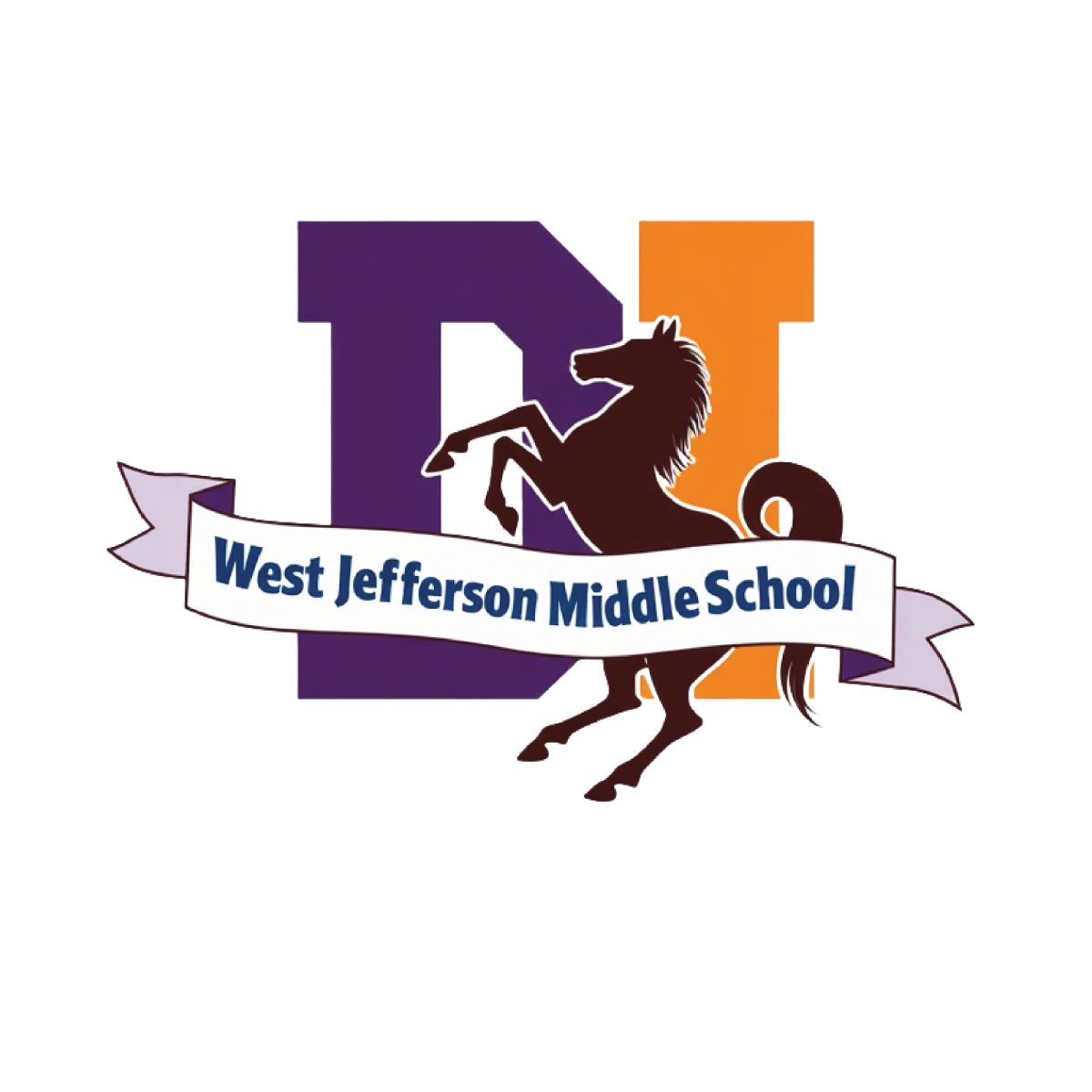 A logo for west jefferson middle school with a horse on its hind legs