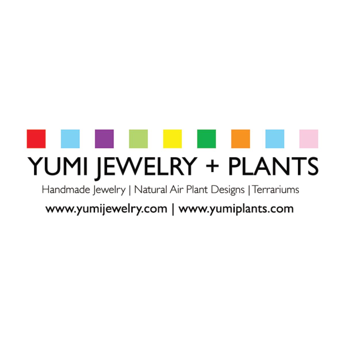 A logo for yumi jewelry and plants , a handmade jewelry company.