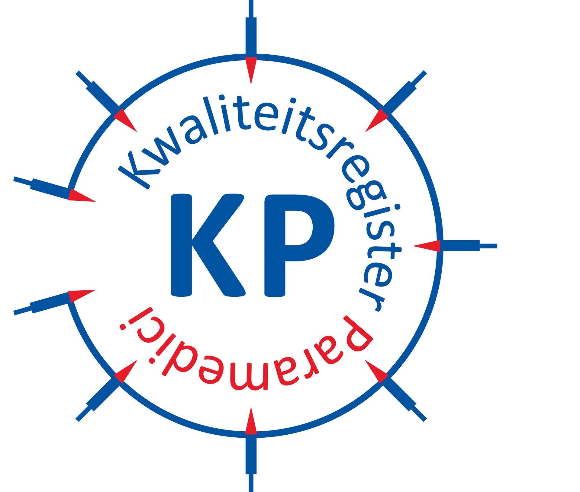 Een blauw en rood logo met de tekst kwaliteitsregister paramedici