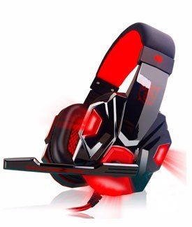 Auriculares para juegos con detalles en negro y rojo, iluminados con luces rojas.