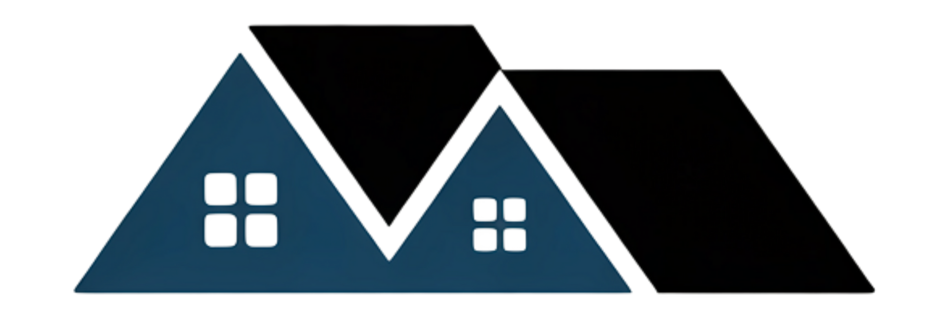 A logo featuring two interconnected house silhouettes in blue and black, with white window icons on the blue sections.