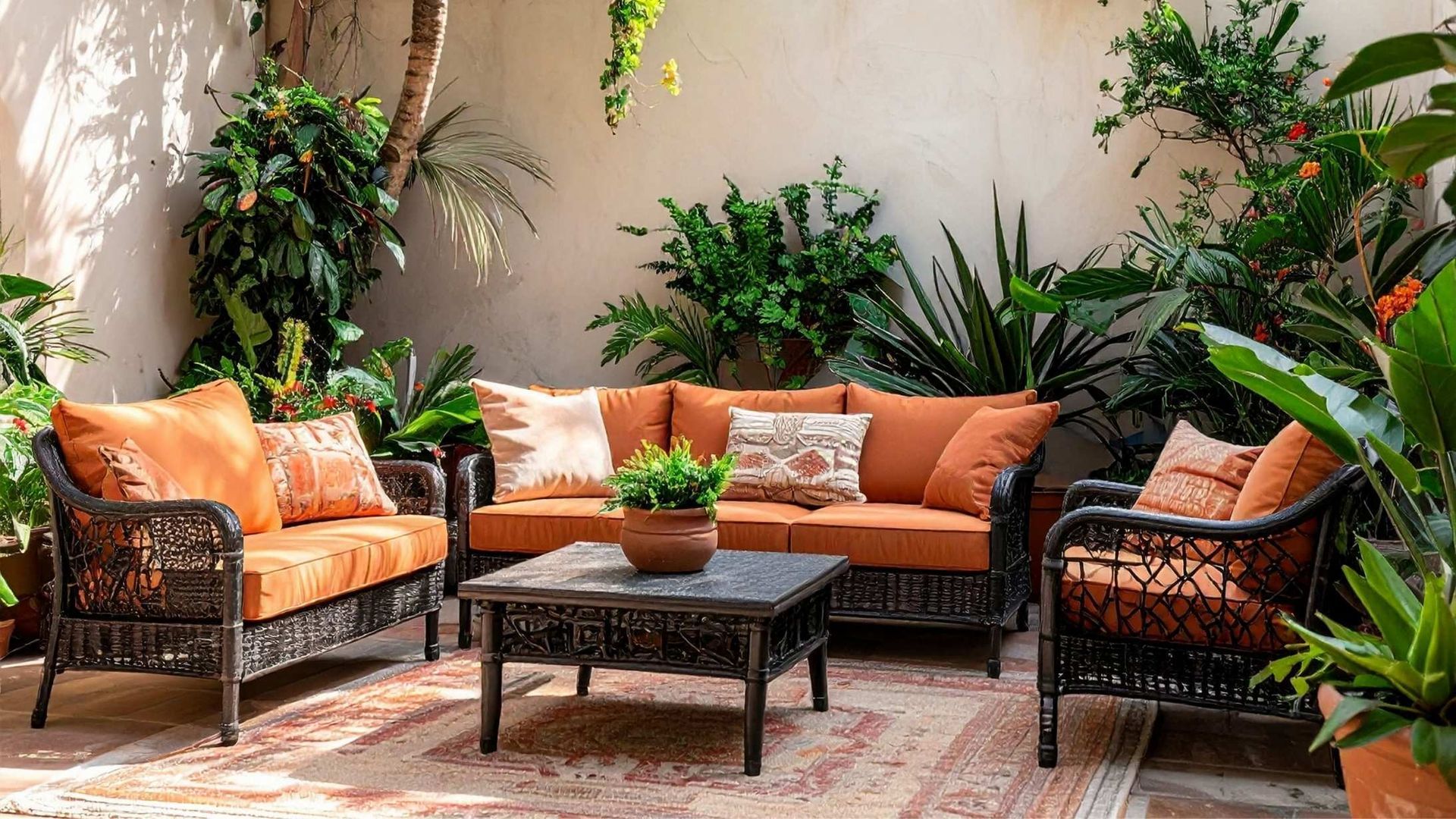 Outdoor patio with wicker furniture and orange cushions surrounded by lush greenery.