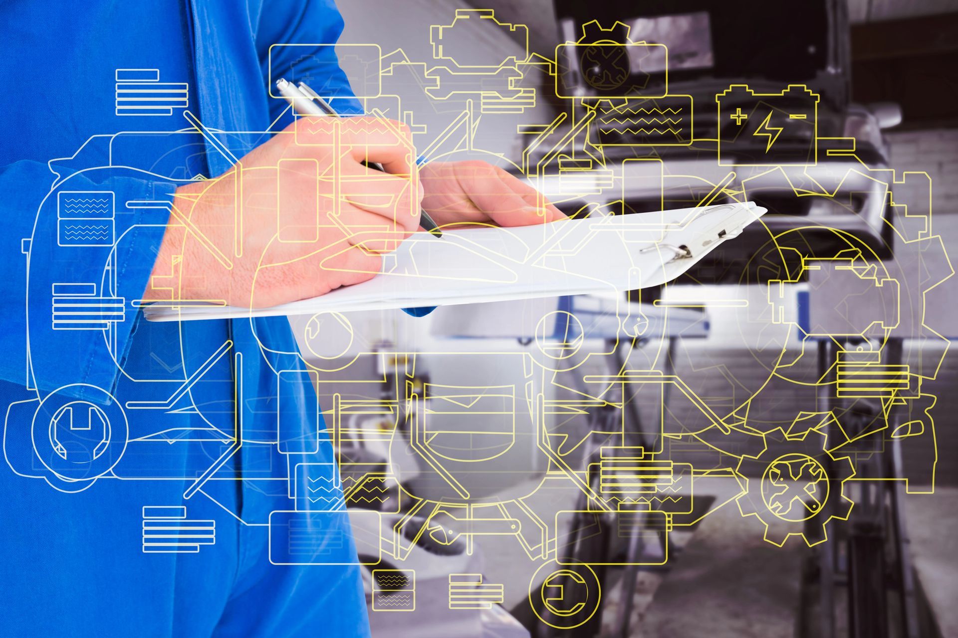A man in a blue shirt is holding a clipboard and writing on it.