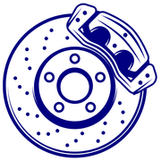 A blue and white drawing of a brake disc with a brake pad attached to it.