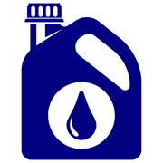 A blue bottle of oil with a drop of oil in a circle.