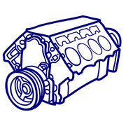 A black and white drawing of a car engine on a white background.