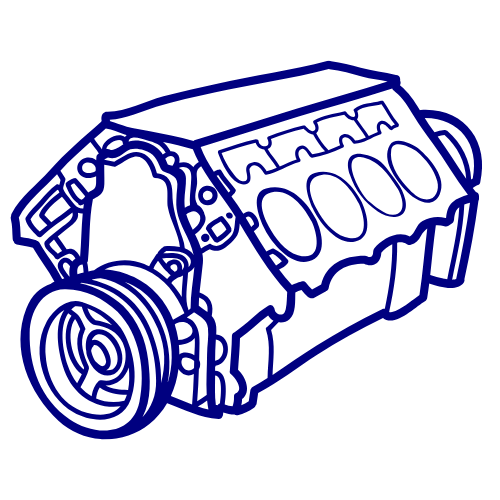 A black and white drawing of a car engine on a white background.