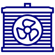 A blue and white icon of a fan on a white background.