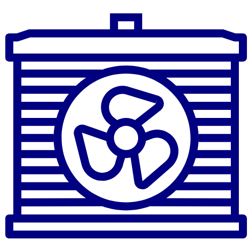 A blue and white icon of a fan on a white background.