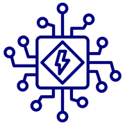 A blue icon of a circuit board with a lightning bolt in the middle.