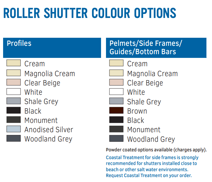 Color options for roller shutters: profiles and hardware, including cream, grey, black, and others.
