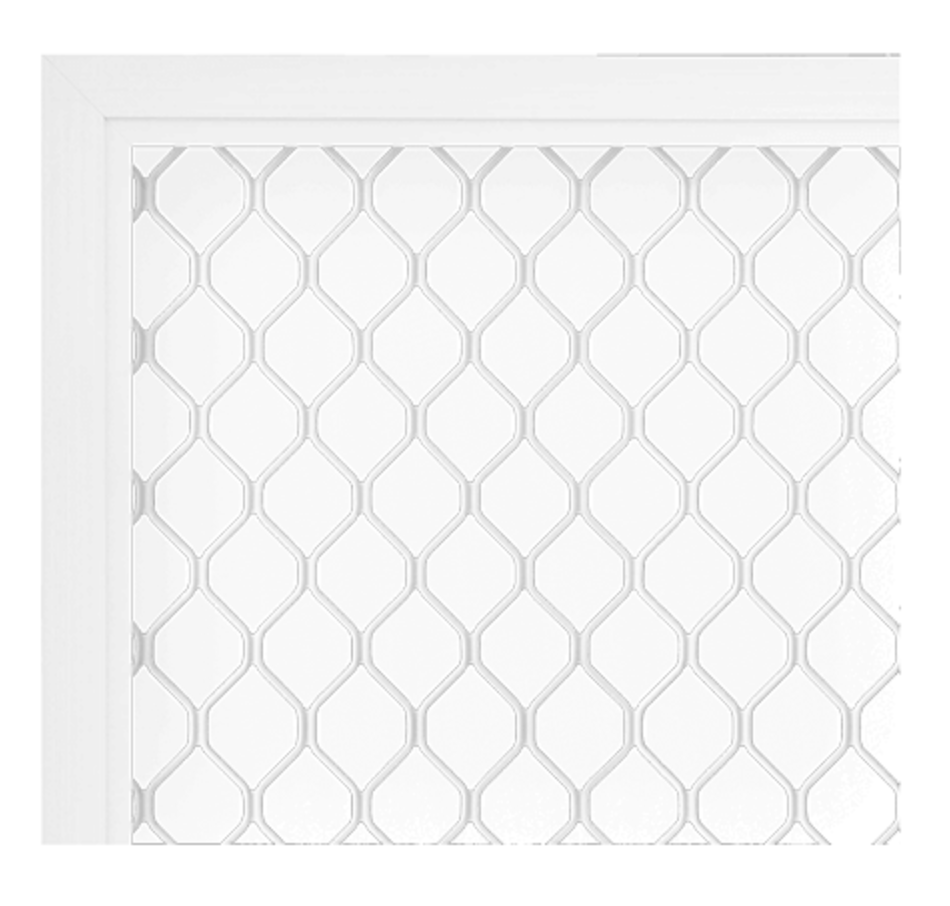 White security screen with a decorative diamond pattern, set in a white frame.
