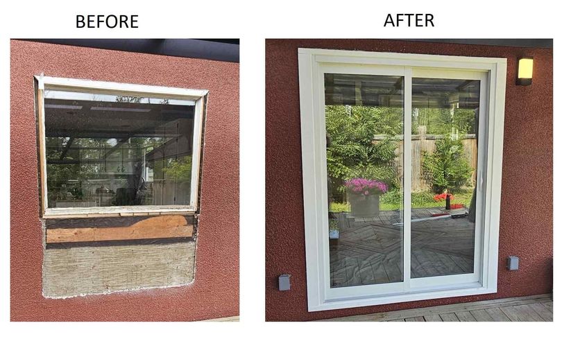 Before and after comparison showing a small window replaced by a sliding glass door on a red stucco exterior wall.