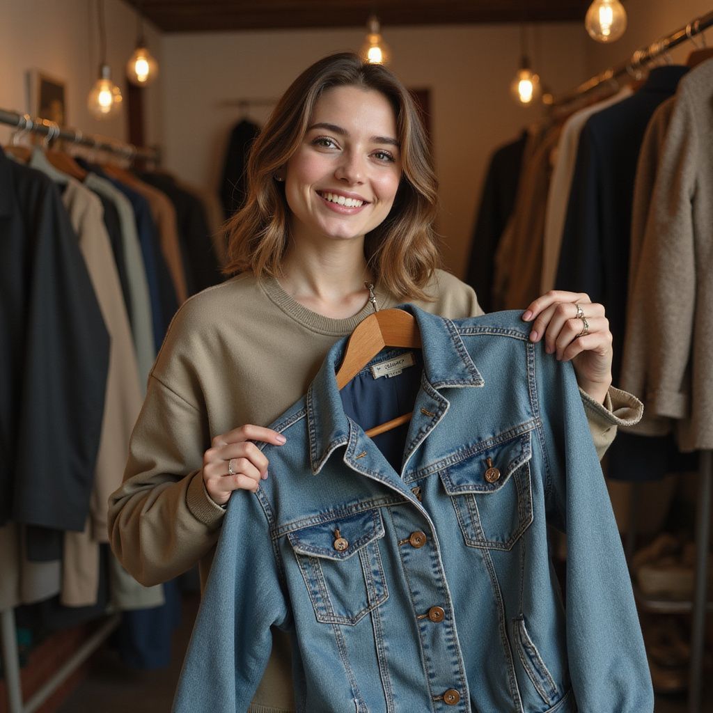 Woman in clothing store smiles, holding up a denim jacket. Clothing racks in background.