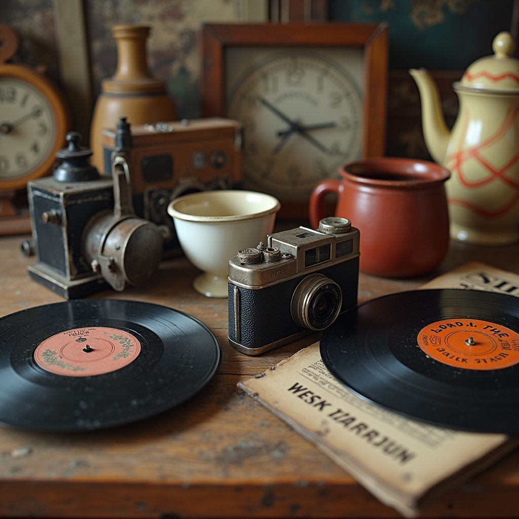 Vintage camera, records, and antique objects on a wooden surface. Brown, black, beige colors, creating a nostalgic feel.
