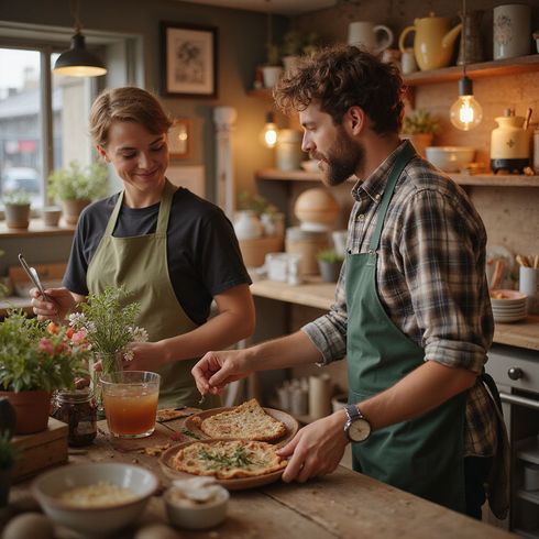 Couple in aprons prepare food in a cozy, well-lit kitchen with plants and warm tones.