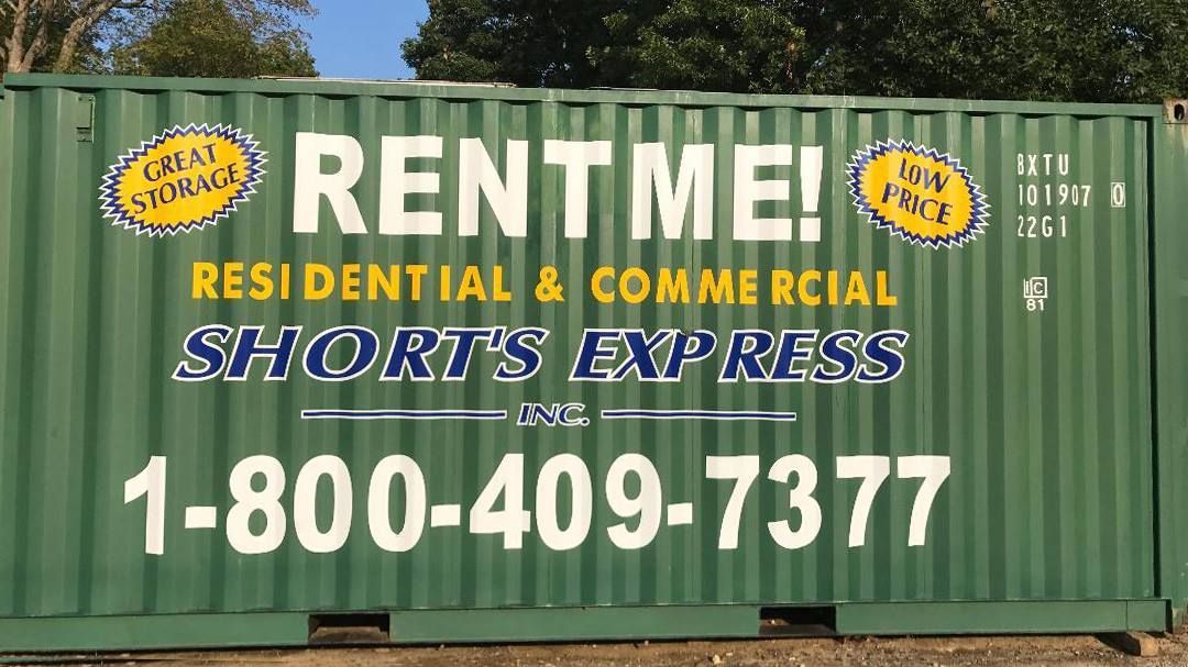 A green shipping container with a sign that says rent me