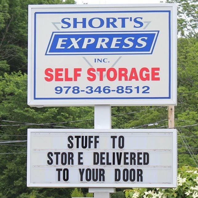 A sign for short 's express self storage says stuff to store delivered to your door