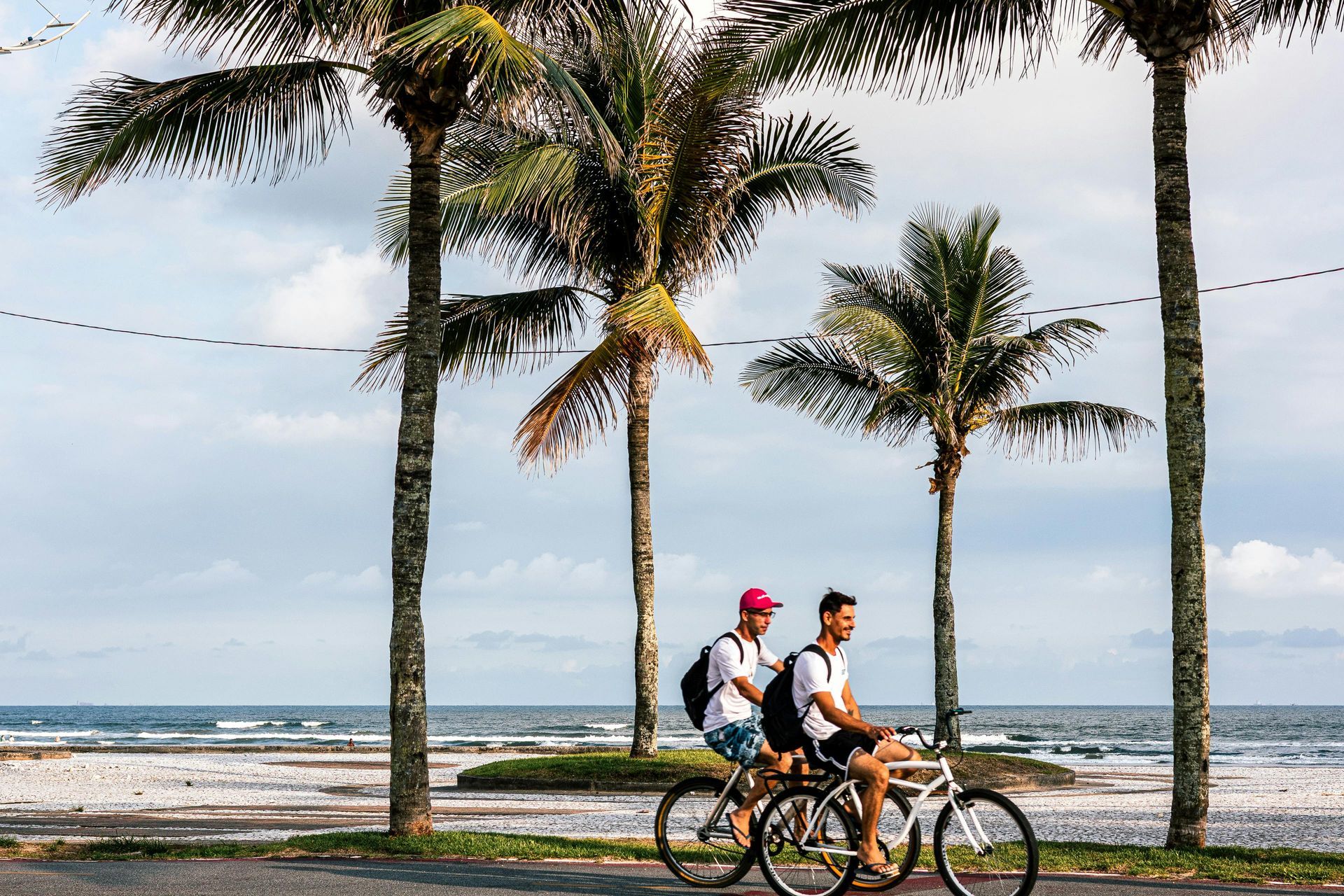 Two people bike along a beach road with palm trees, ocean visible in the distance.