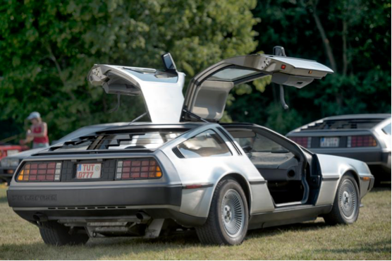 A silver delorean with its doors open is parked in a grassy field