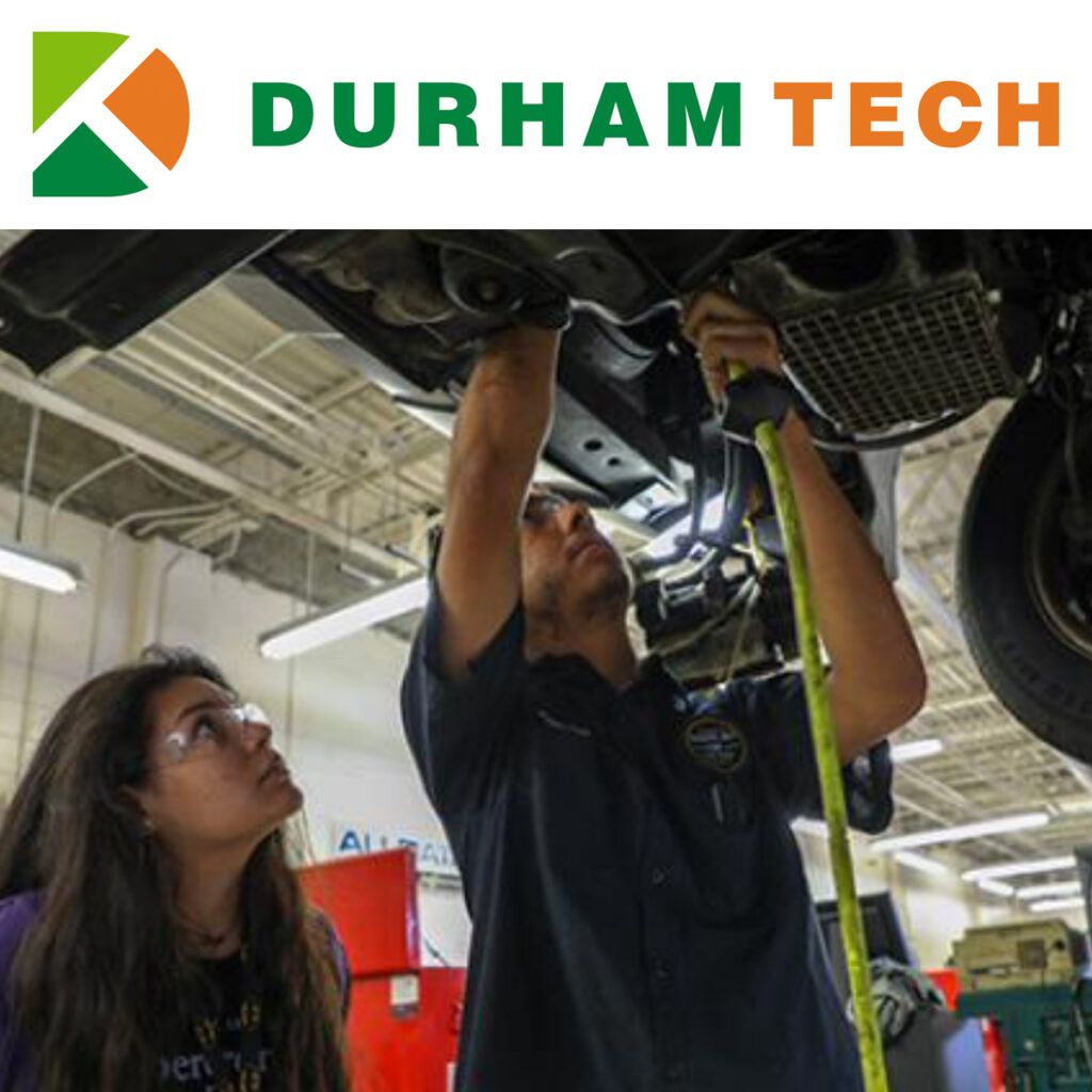 A man and a woman are working on a car underneath the words durham tech