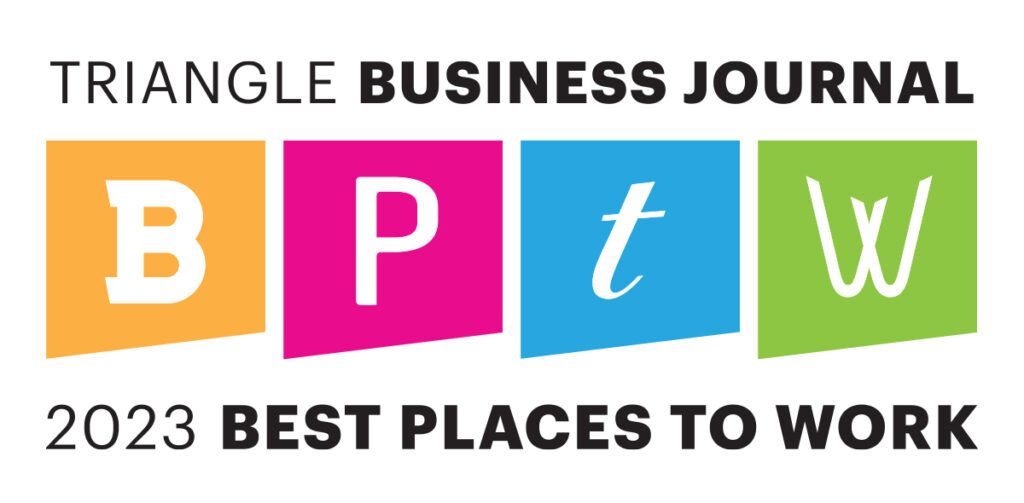 The logo for the triangle business journal is colorful and says `` best places to work ''.