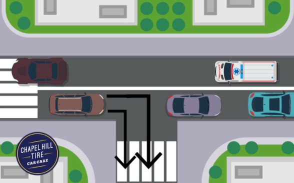An aerial view of a street with cars and a sign that says chapel hill tire