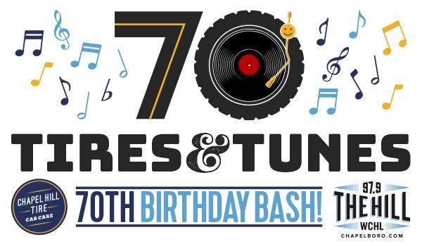 A logo for tires and tunes 70th birthday bash