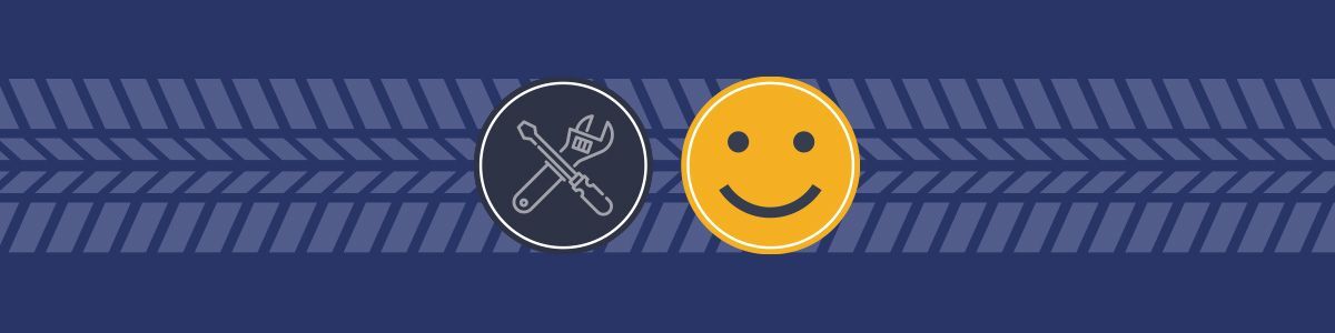 A smiley face and a pair of scissors are on a blue background.
