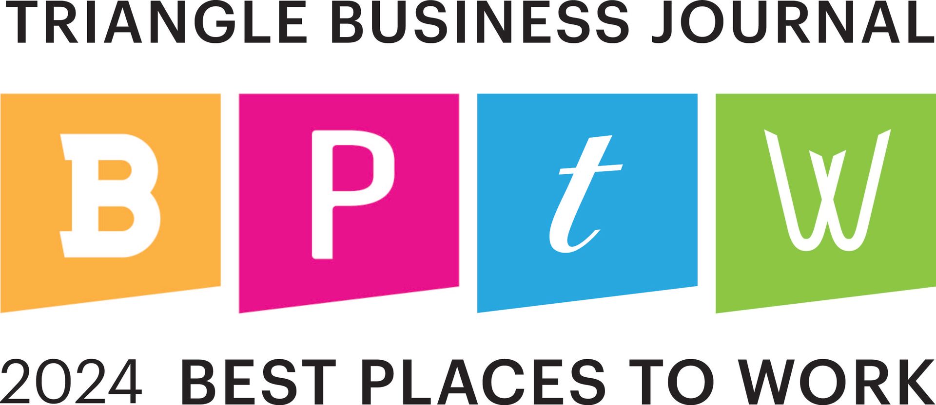 Triangle Business Journal Best Places to Work 2024 logo: colored blocks with letters B, P, t, and W.