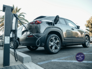 An electric car is being charged at a charging station