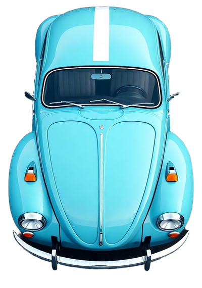 A blue car with a white stripe on the hood
