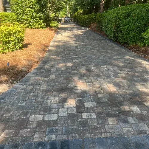 Brick paved driveway lined with green bushes and mulch.