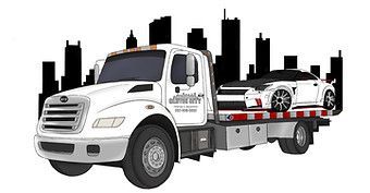 A tow truck with a car on the back of it.
