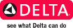 The Delta logo, featuring the company name in white text on a red background with a triangle icon above the text.