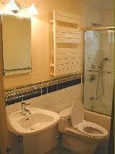 A bathroom featuring a vanity sink, mirror, wall-mounted towel rack, toilet, and a glass-enclosed shower stall.
